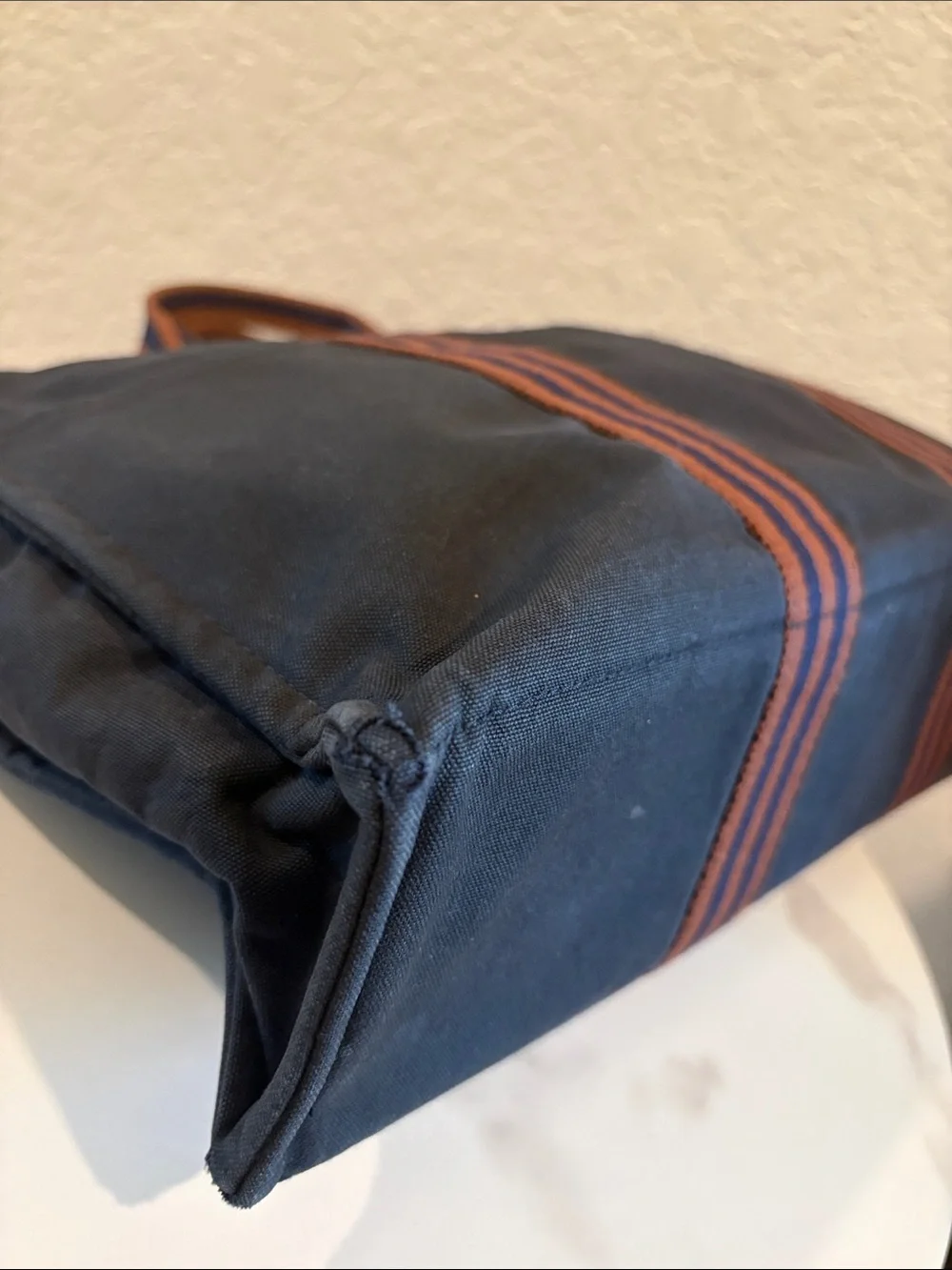 Hermes 12x17 ” Canvas Tote Unisex - Navy with Brown Straps Handbag